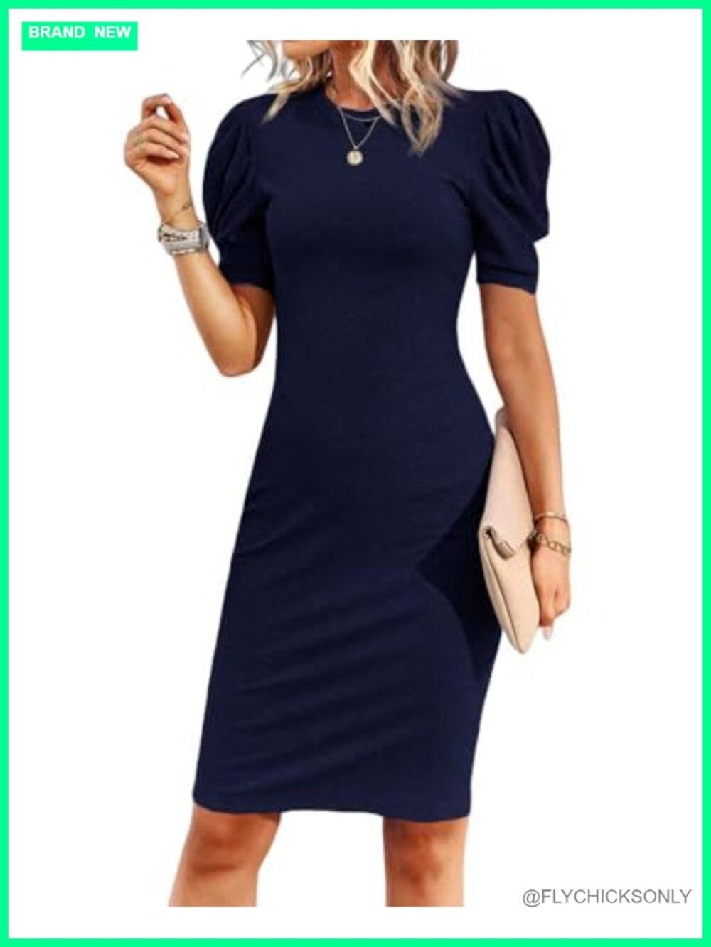 Bodycon Pencil Dress Puff Sleeve Crew Neck Knee Length Polyester Spandex Work